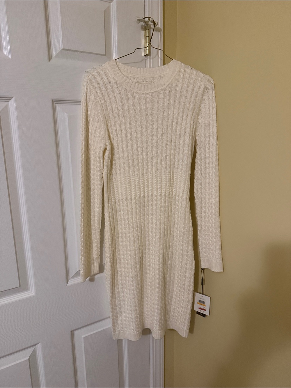 Calvin Klein Cream Cable Knit Crewneck Sweater Dress